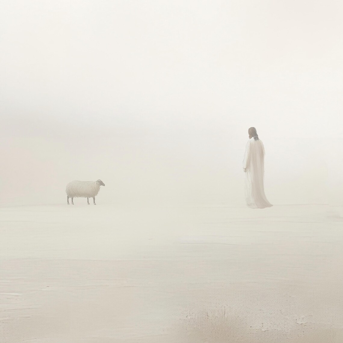 Jesus And One Lost Sheep In Vast Misty Beige Field Art Poster - Image 6