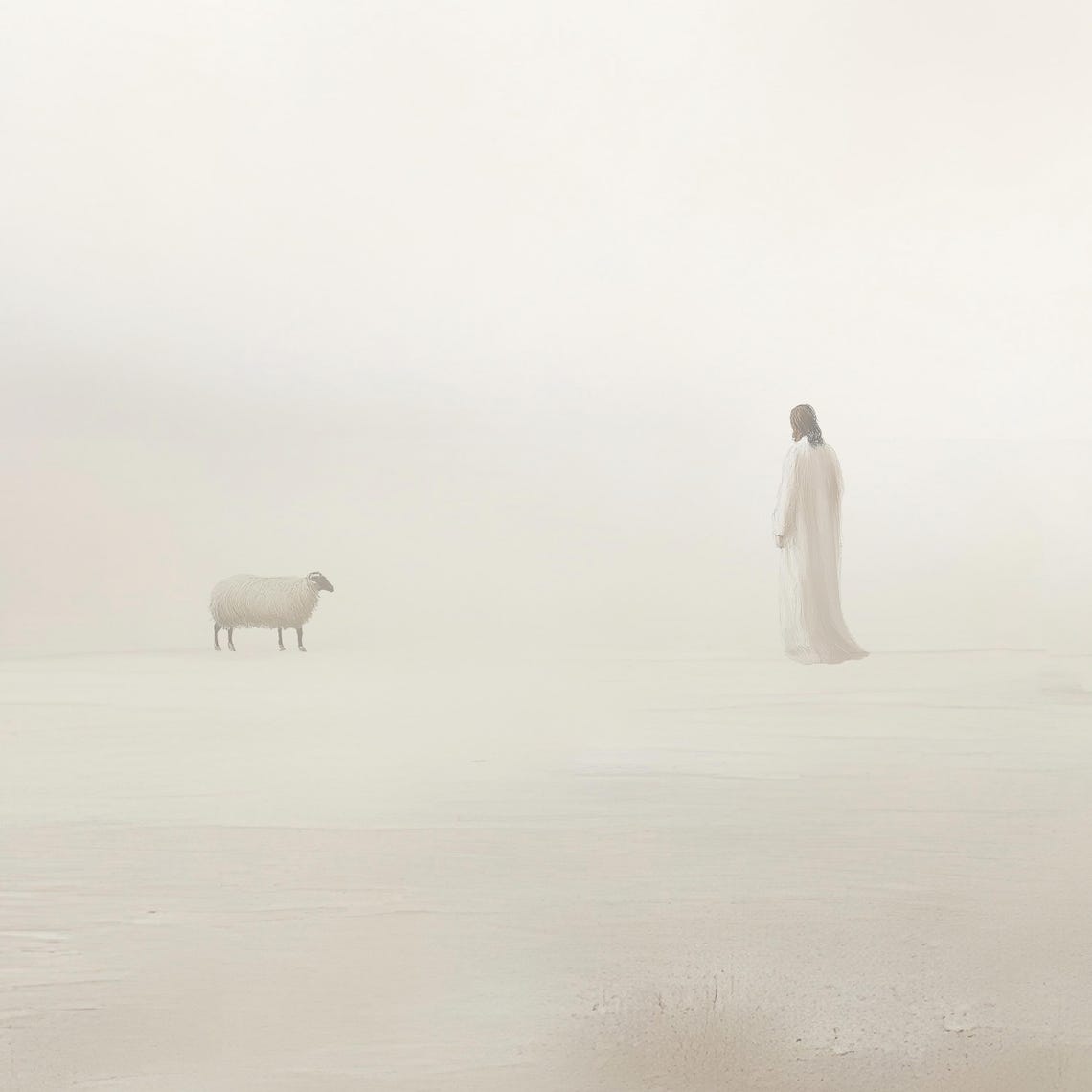 Minimalist Shepherd And Sheep Lost Parable In White Mist Poster