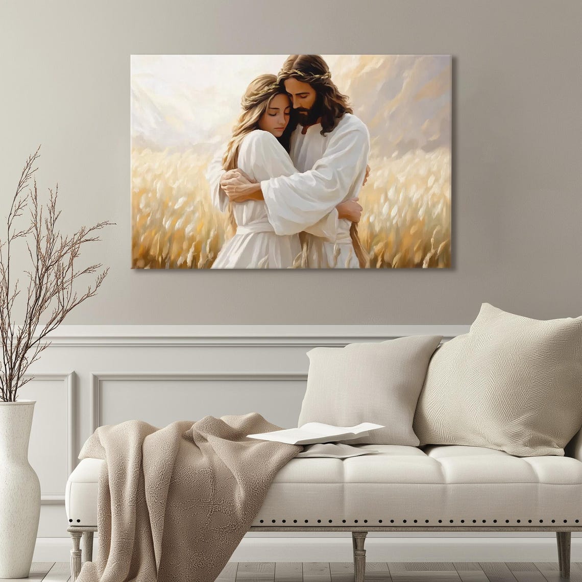 Jesus Embracing Woman in Wheat Field Glowing Christian Art Poster - Image 3