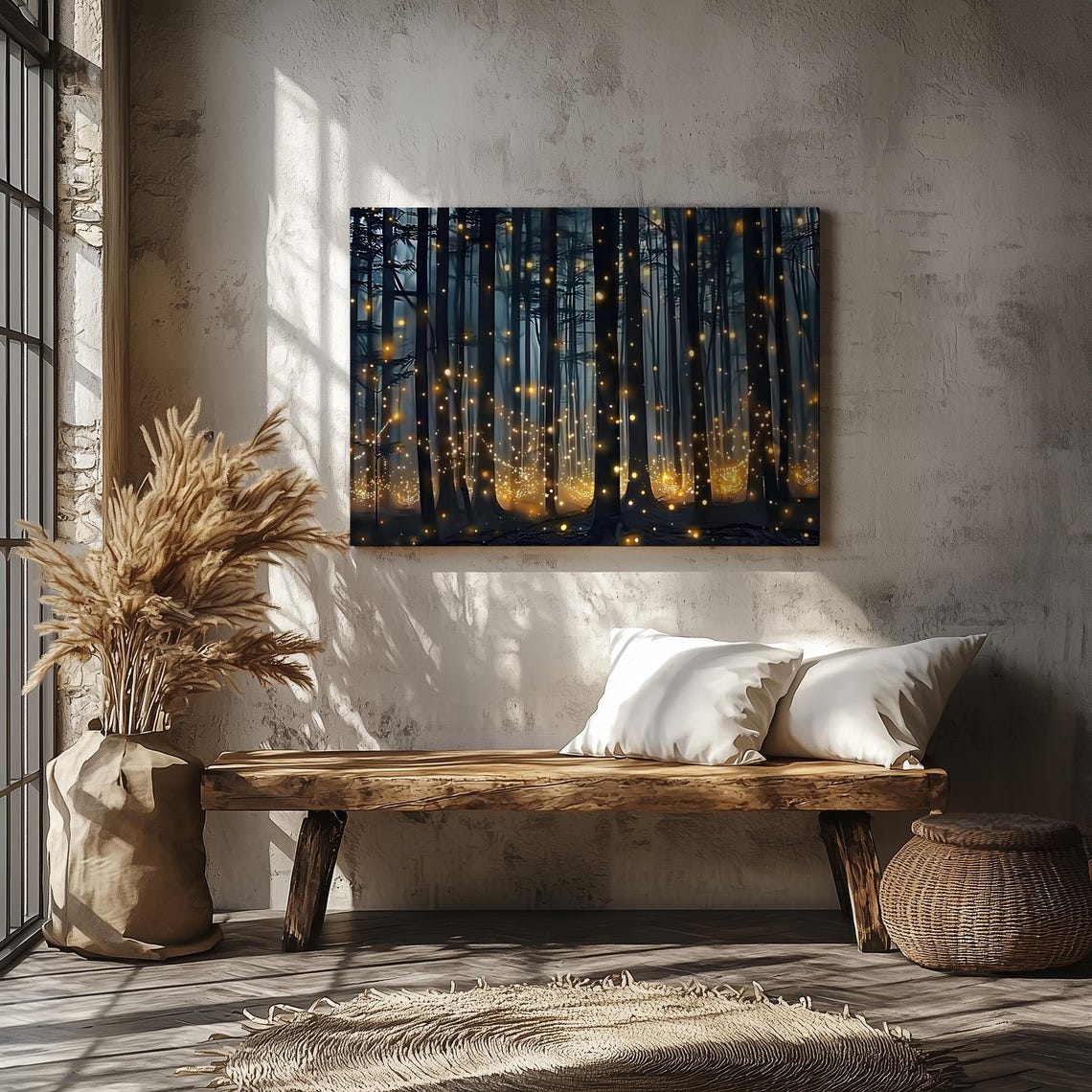 Enchanted Forest Fireflies At Night Dark Trees Misty Wall Art - Image 2