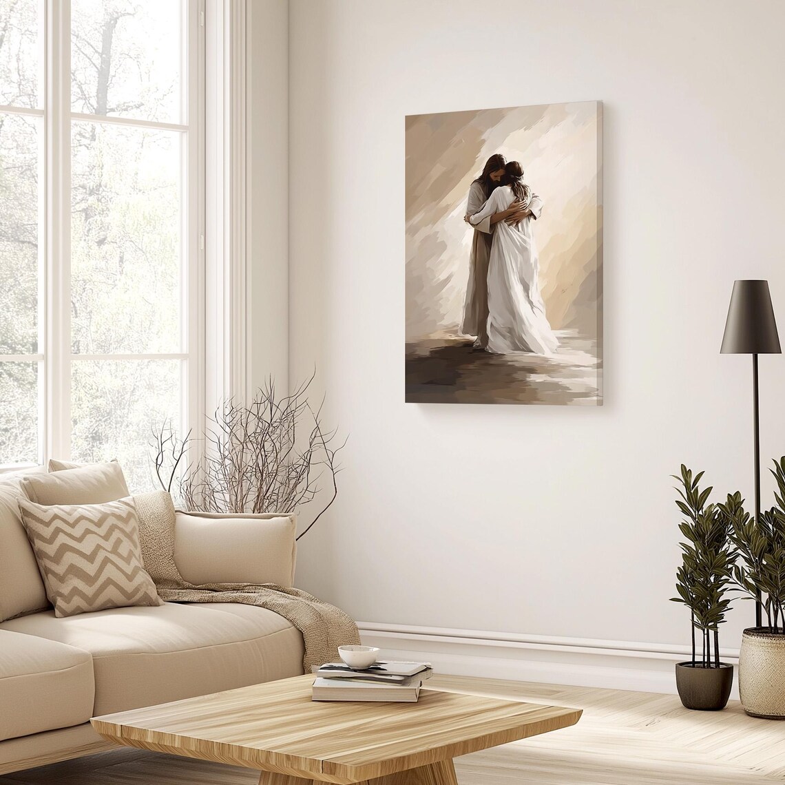 Jesus Embracing Woman In Soft Beige Watercolor Brushwork Poster - Image 3