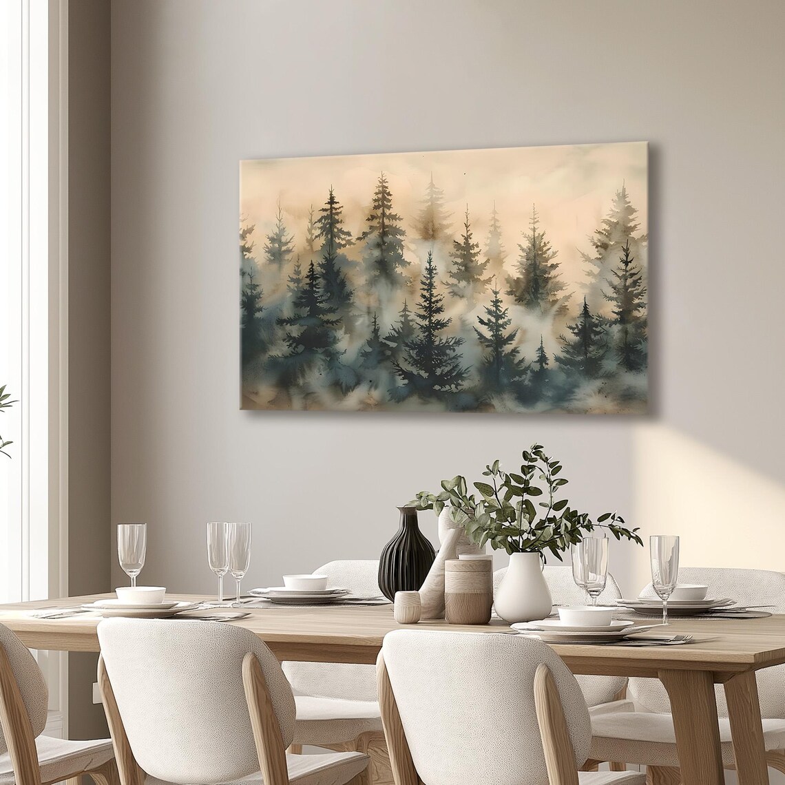 Foggy Pine Forest Watercolor Misty Evergreen Tree Scene Wall Art - Image 6