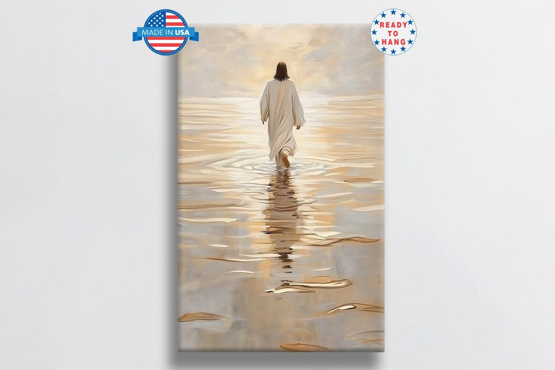 Jesus Christ Walking Away On Golden Water At Bright Sunrise Poster