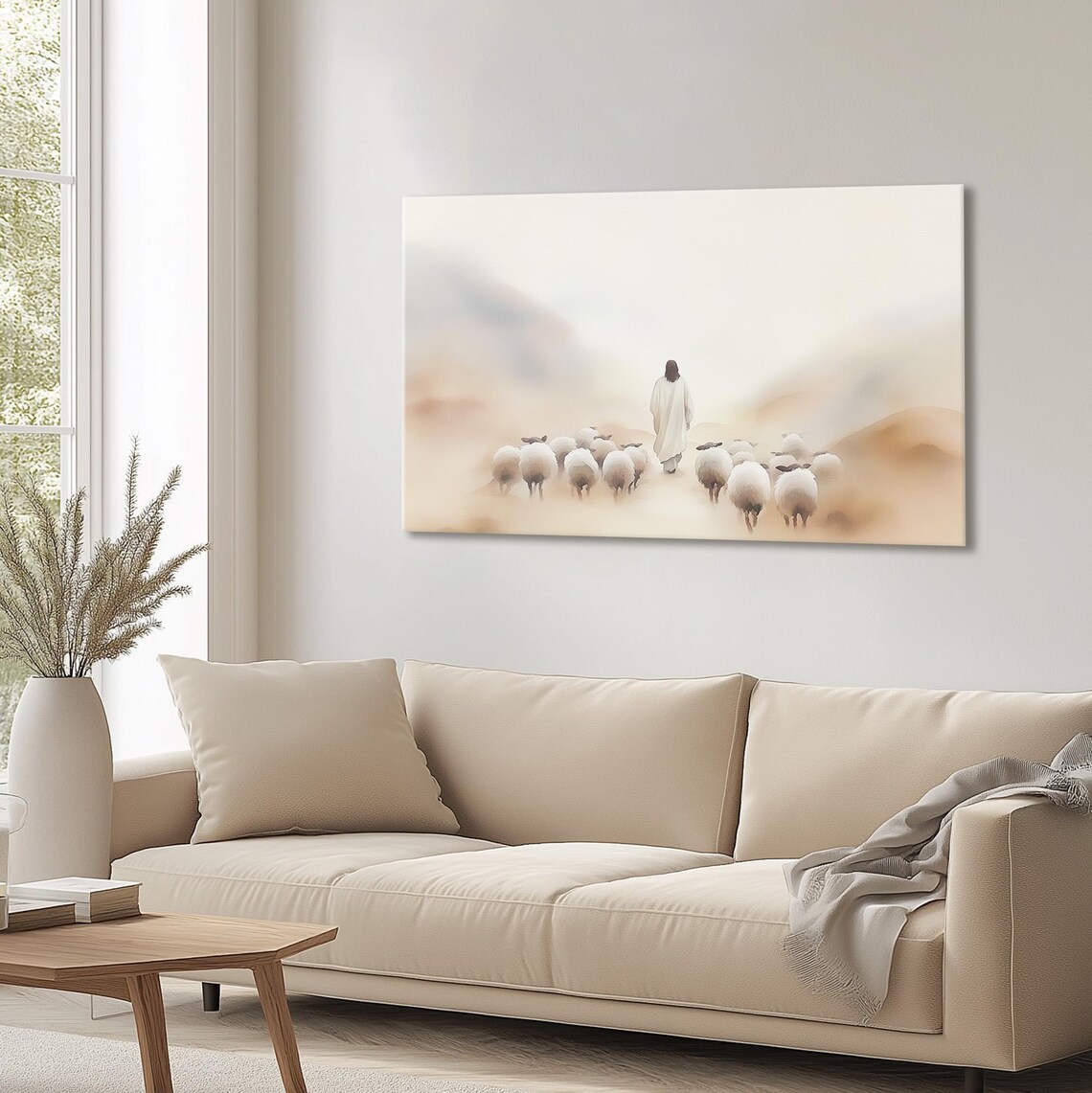 Jesus Walking With Sheep Flock In Misty Minimalist Watercolor Poster - Image 3