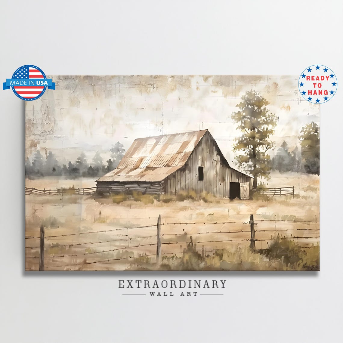 Rustic Old Barn In Misty Pastel Field Farmhouse Landscape Wall Art