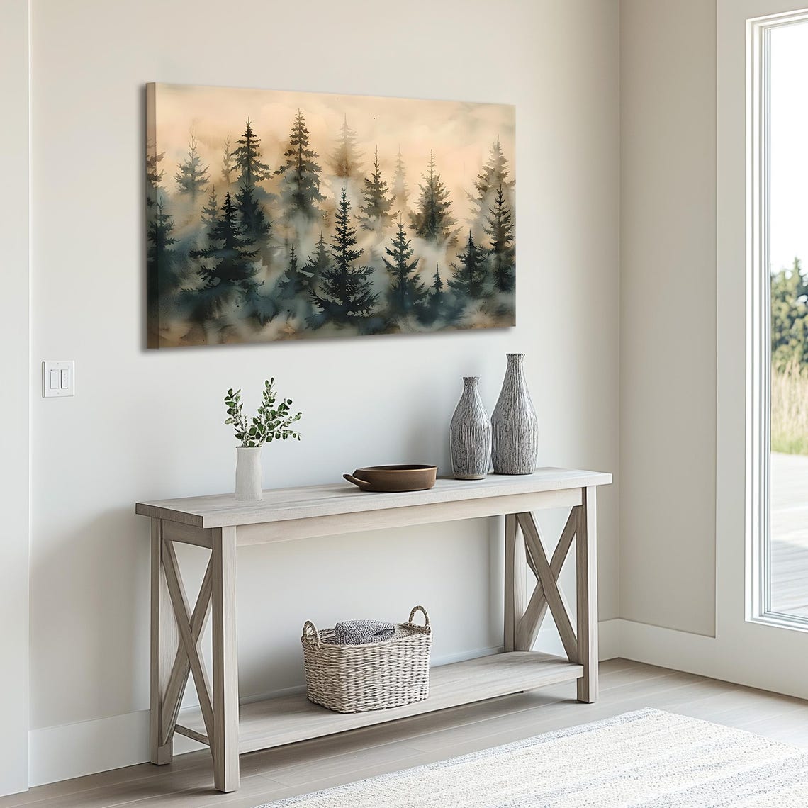 Foggy Pine Forest Watercolor Misty Evergreen Tree Scene Wall Art - Image 5