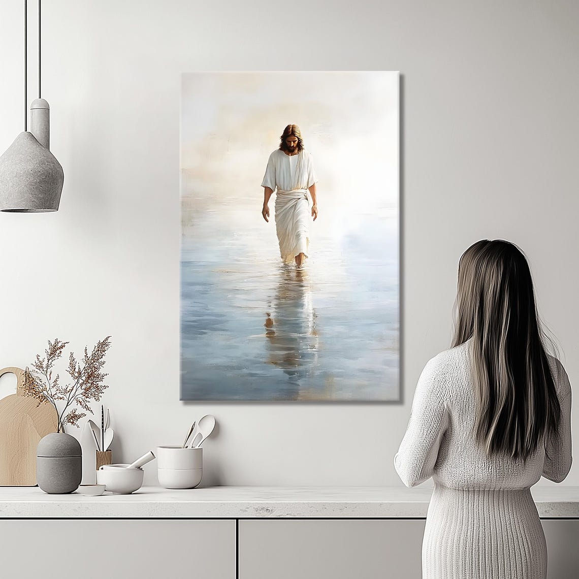Jesus Christ Walking Toward Viewer On Calm Still Water Poster - Image 3