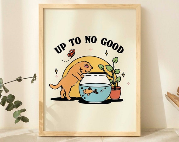 Kitten And Fish Bowl Print Up To No Good Poster Cheeky Cat Posters Nursery Kids Room Prints Unique Matisse Print Gallery Wall Unframed