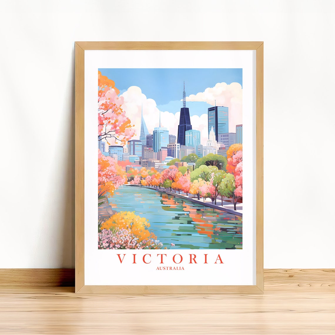Victoria Australia Melbourne Skyline Spring Blossom Travel Poster