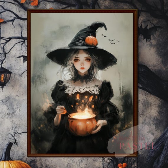 Whimsical Halloween Witch Cauldron Art Black Orange Oil Painting Style Print