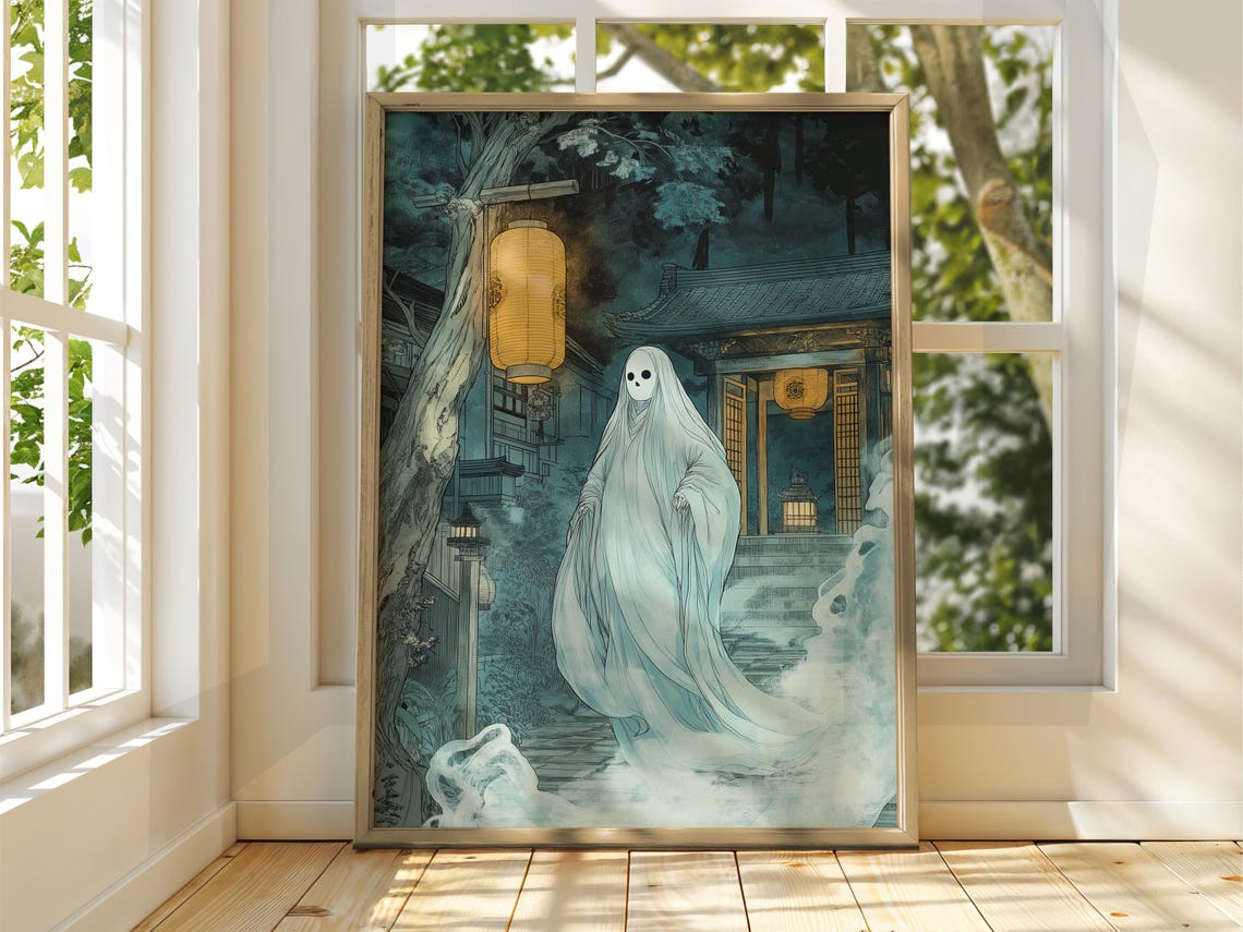 White Ghost Temple Steps Night Lanterns Japanese Folklore Art Poster