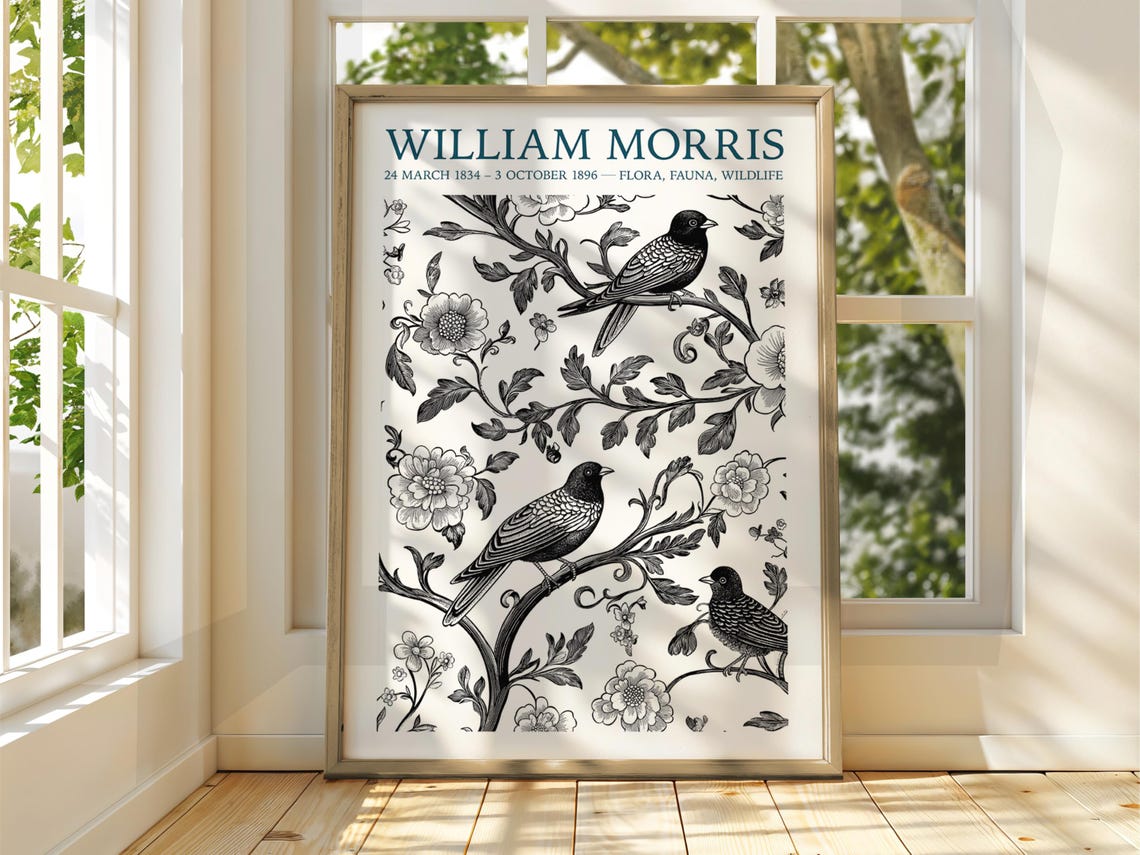 William Morris Black White Birds and Floral Exhibition Poster