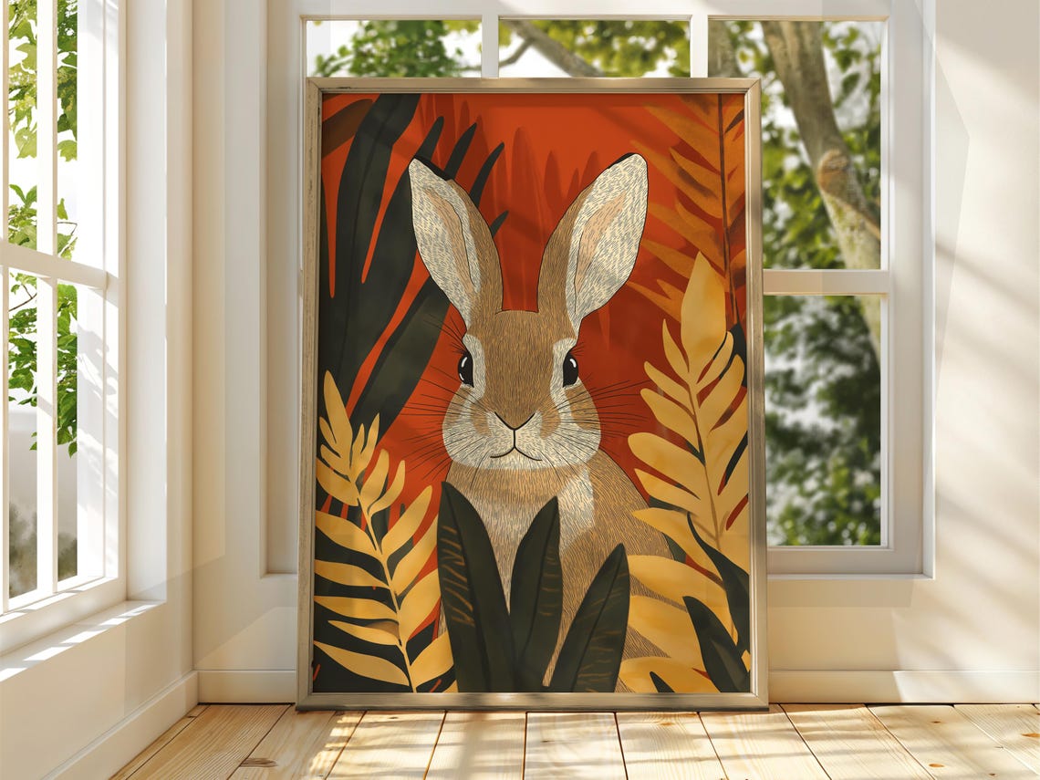 Tropical Rabbit With Autumn Leaves Burnt Orange Illustration Poster