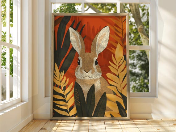 Tropical Rabbit With Autumn Leaves Burnt Orange Illustration Poster