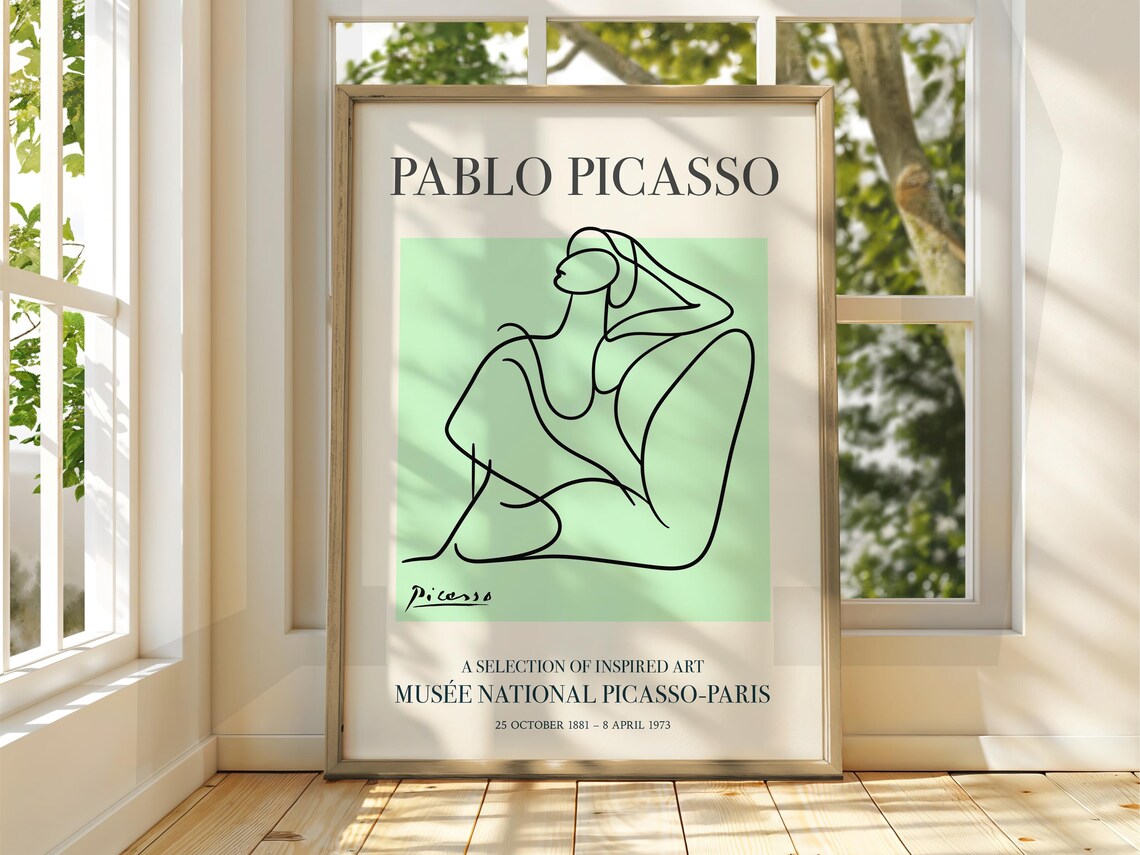 Picasso Line Drawing Seated Figure Mint Green Paris Museum Style Poster