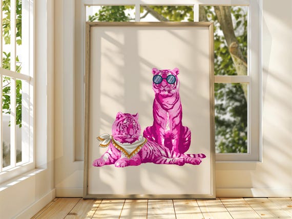 Cool Pink Tiger Poster Jungle Wall Art Animal Illustration Bright Home Decor Print Funny