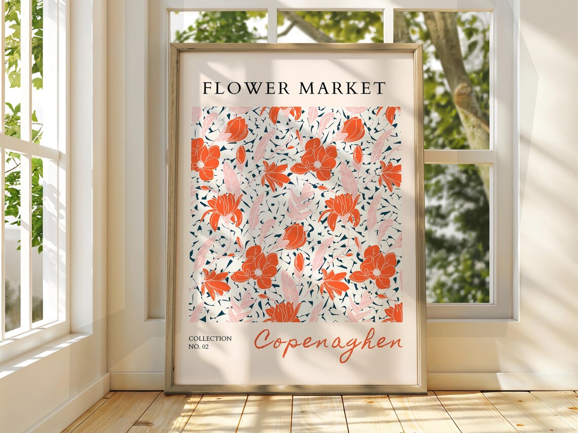 Flower Market Coral Poppy Teal Botanical Pattern Exhibition Poster