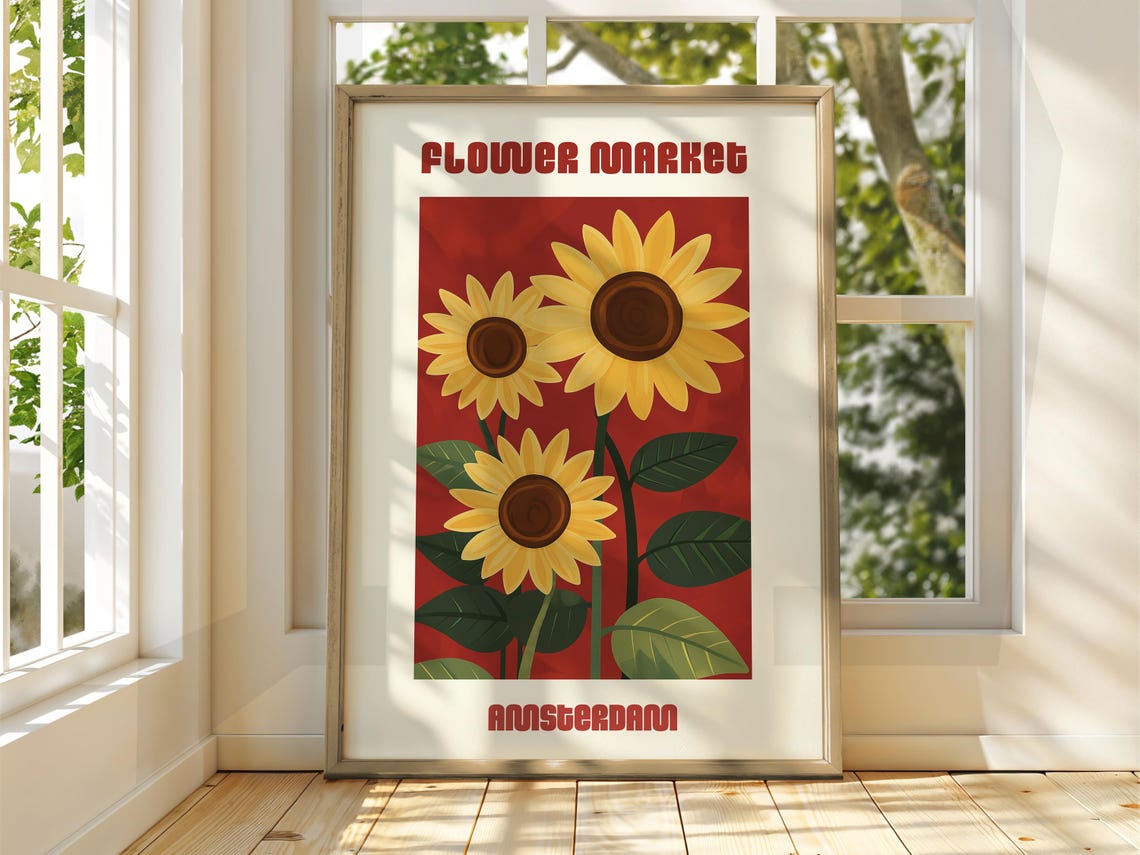 Flower Market Amsterdam Poster With Sunflowers On Bold Red Background