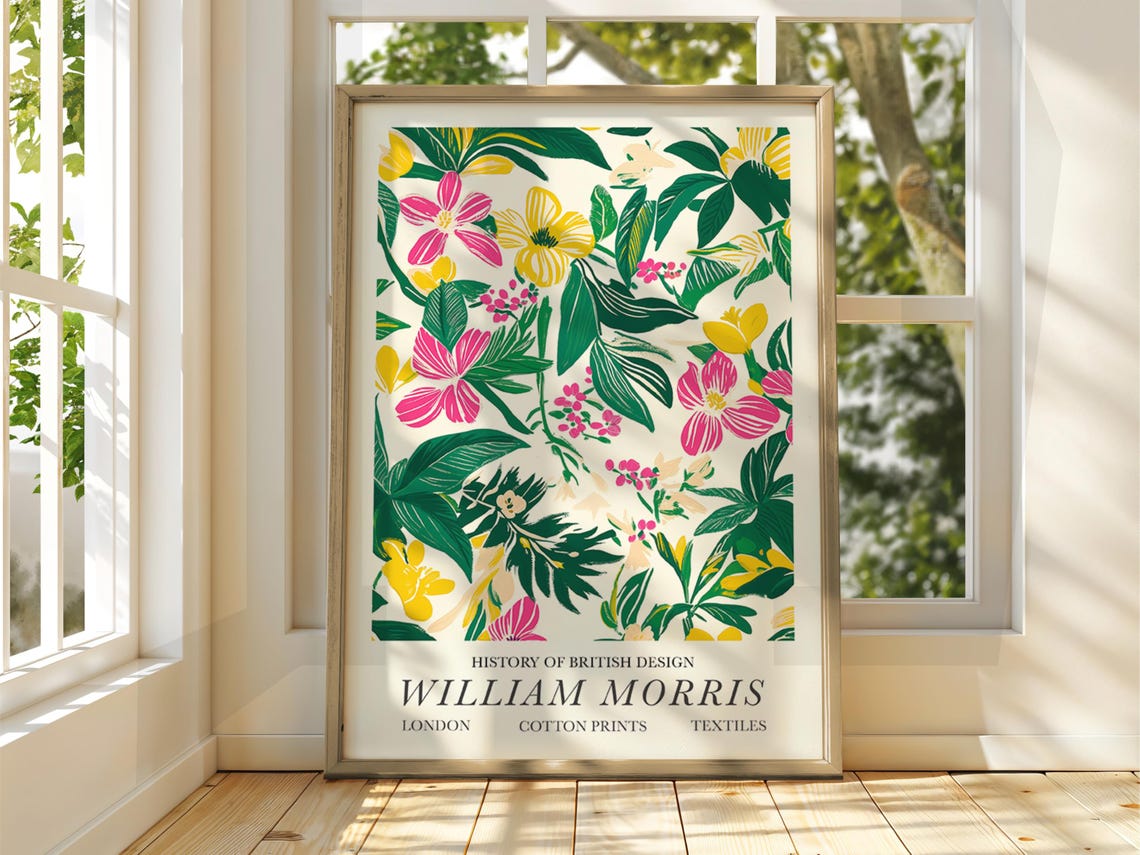William Morris Style Yellow Pink Tropical Garden Exhibition Poster