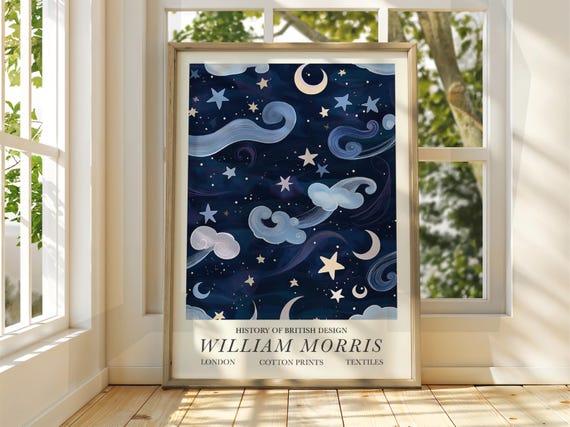 William Morris Style Night Sky Poster Exhibition Gallery Print Wall Art Full Moon Stars Dark Blue
