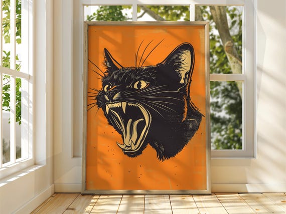 Angry Orange Cat Poster Wall Art Illustration Fun Animal Feline Decor Kitten Black Pet