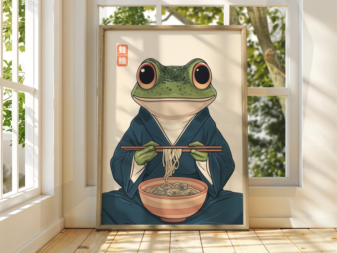 Cute Japanese Frog Eating Noodles Kimono Funny Animal Poster