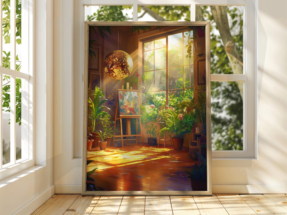 Sunlit Art Studio Disco Ball Easel Plant Retro 70s Funky Poster