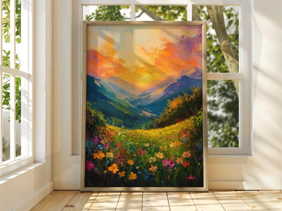 Colourful Sunset Over Valley Poster Oil Painting Art Print Dreamy Warm Summer Landscape Wall Nature Bright Home Decor