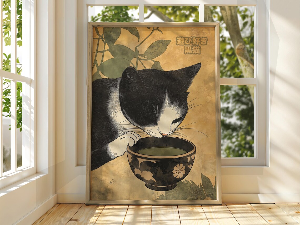 Tuxedo Cat Drinking From Bowl Vintage Japanese Ink Style Print