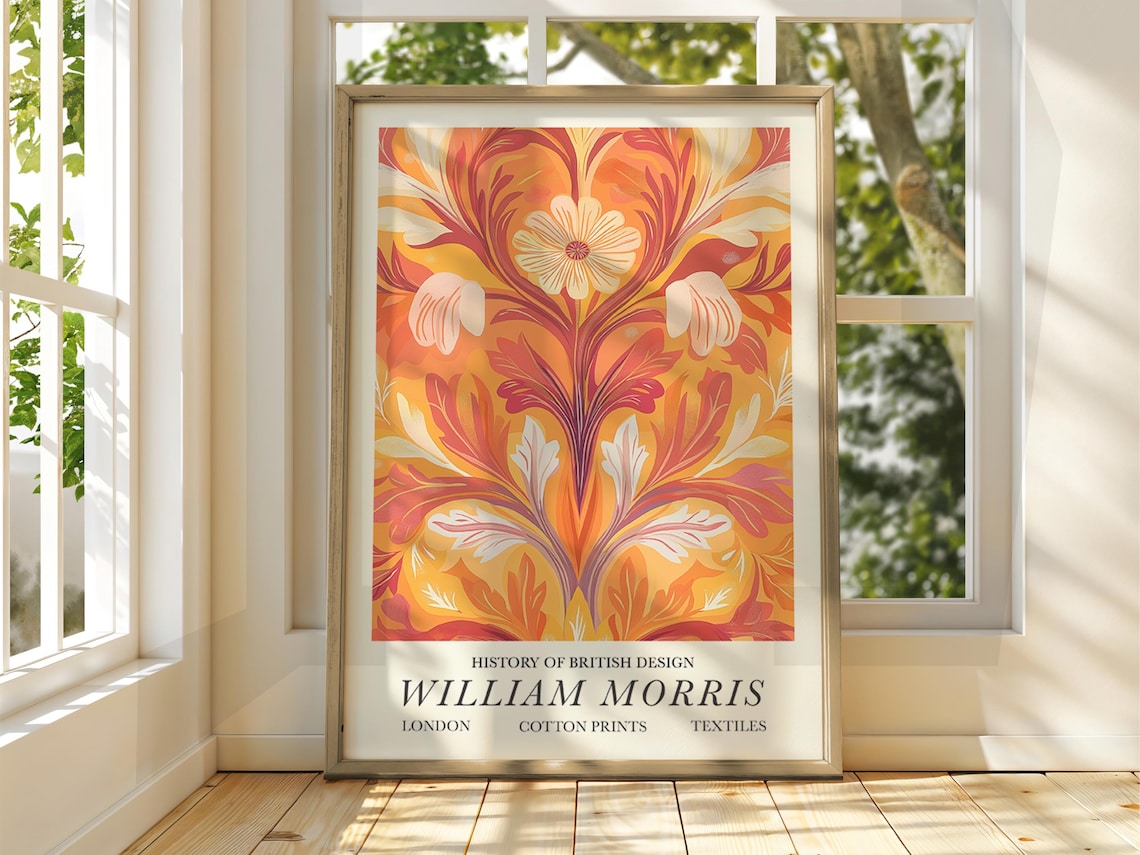 William Morris Style Floral Flowers Art Print, Orange Garden