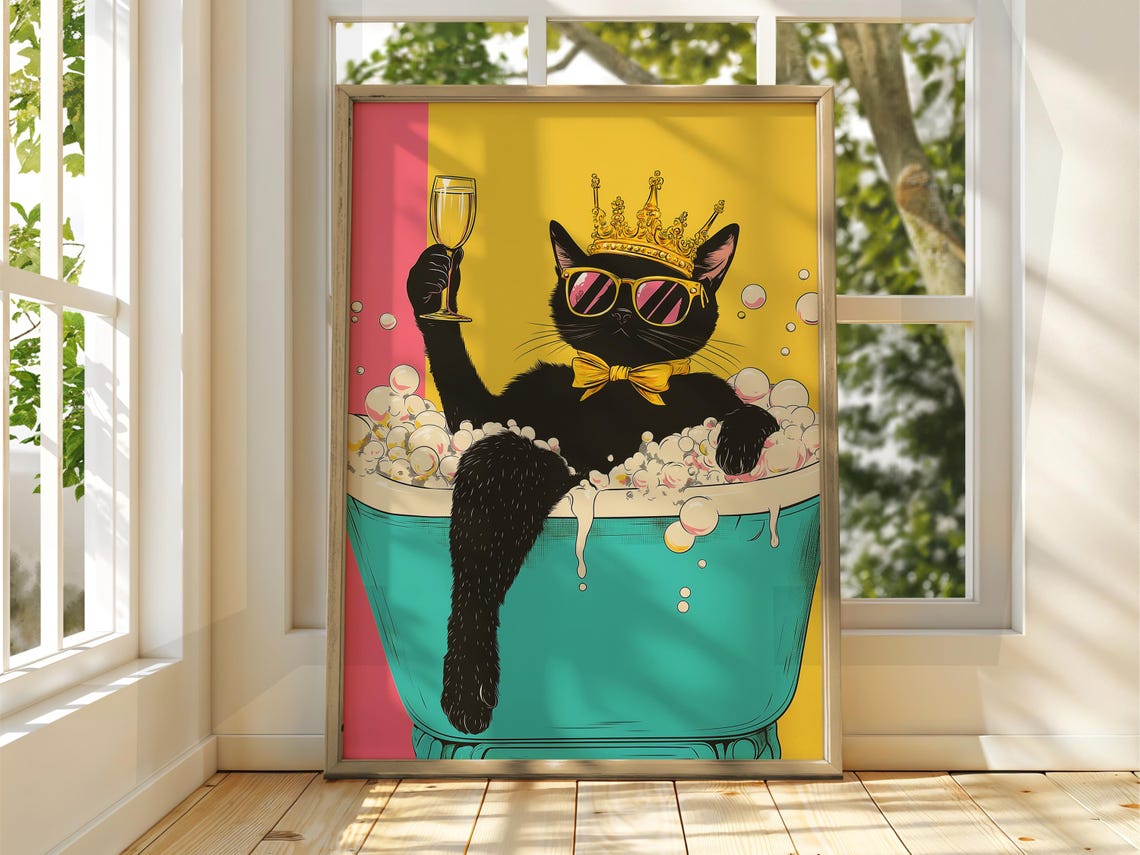 Regal Black Cat King In Bubble Bath Champagne Pop Art Fun Poster