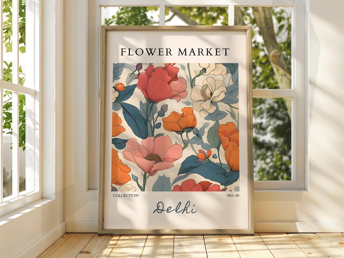 Flower Market Delhi Coral Poppy Retro Floral Exhibition Poster