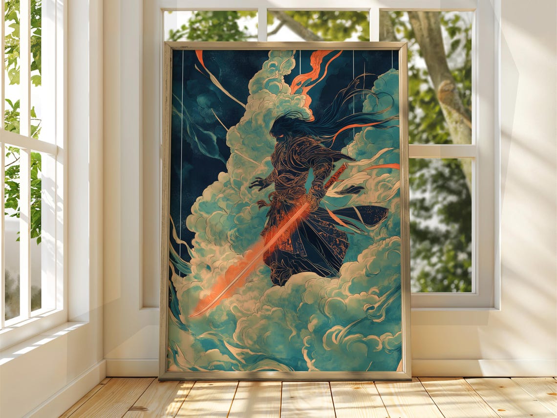 Dark Samurai with Glowing Sword Poster in Stormy Cloud Art Style