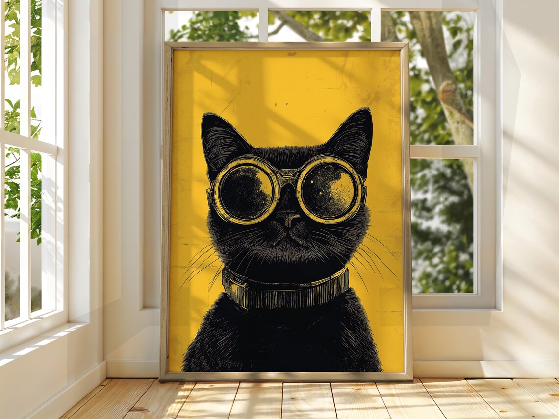 Black Cat Wearing Goggles Yellow Pop Art Steampunk Animal Poster