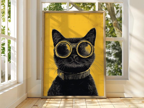 Black Cat Wearing Goggles Yellow Pop Art Steampunk Animal Poster
