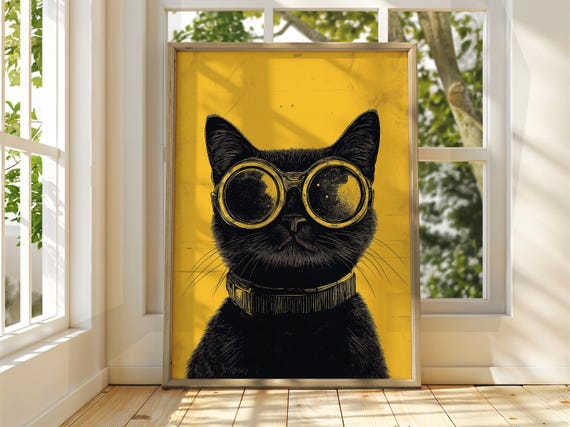 Cat With Goggles Poster Wall Art Illustration Fun Animal Feline Decor Kitten Black Pet Yellow
