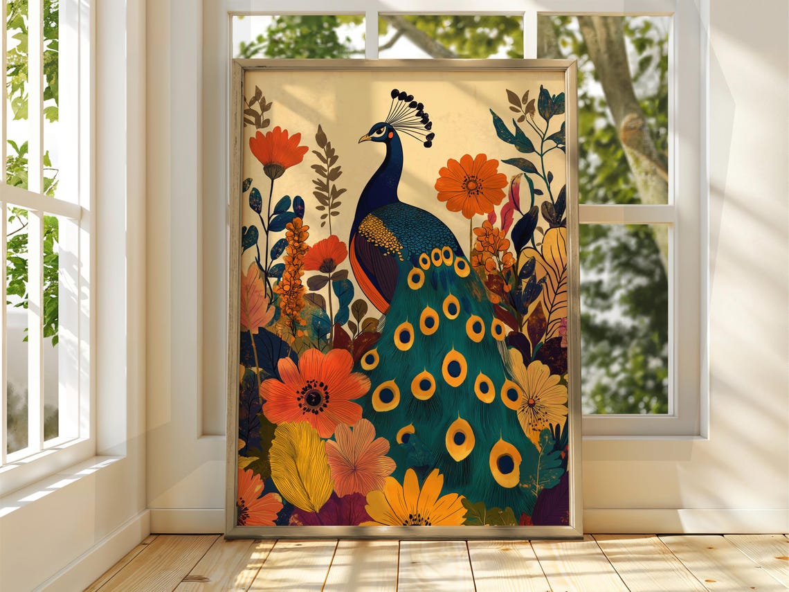 Elegant Peacock Cream Floral Botanical Bird Illustration Poster