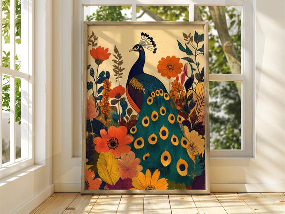 Tropical Peacock Poster Bird Wall Art Animal Illustration Floral Bright Home Decor Print