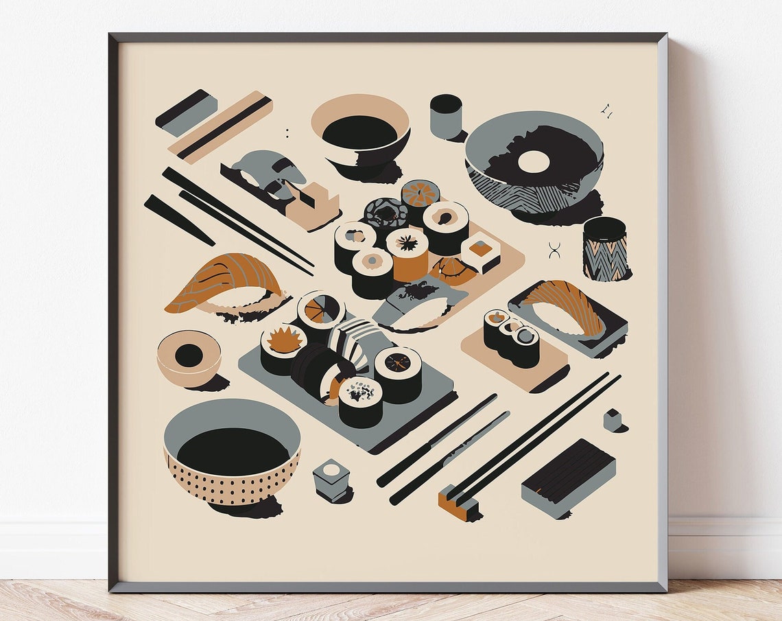 Sushi Table Spread Poster Isometric Japanese Food Flat Lay Art