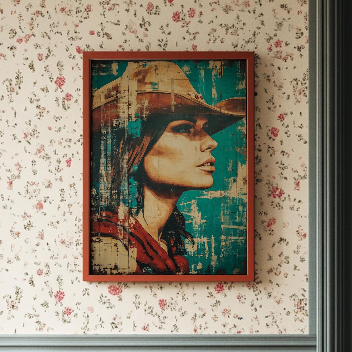 Cowgirl In Cowboy Hat Rustic Painted Texture Western Portrait Art Print