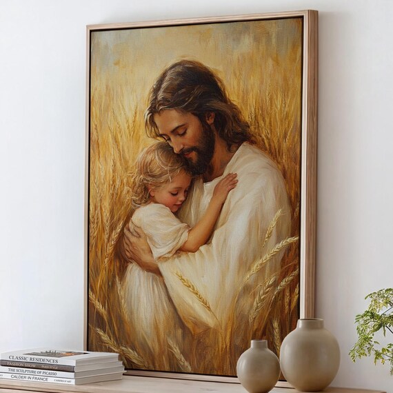 Jesus Hugging a Child Tenderly in a Golden Wheat Field Christian Poster