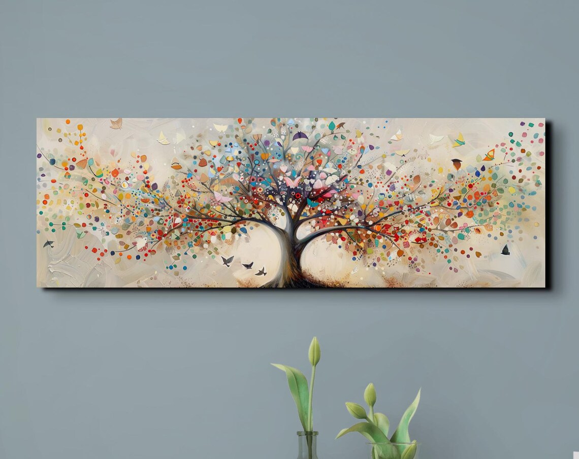 Colorful Tree of Life Confetti Leaves Birds Panoramic Art Poster