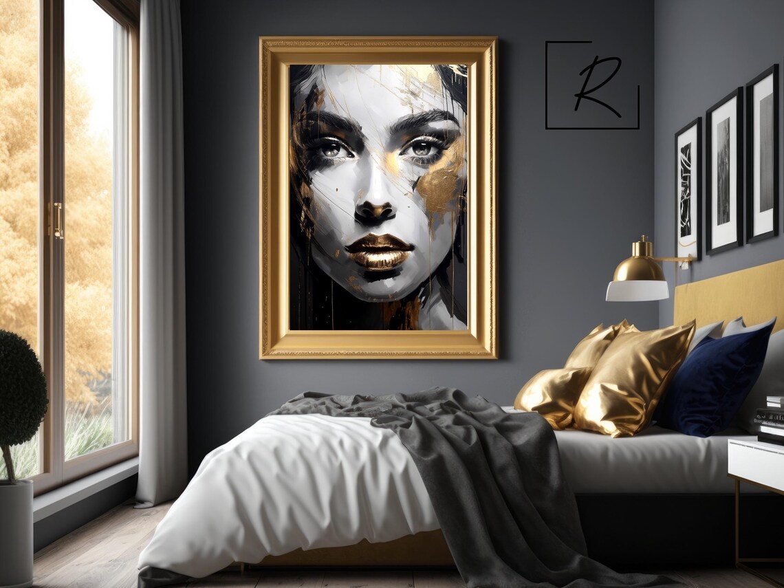 Gold Abstract Portrait, Modern Black Gold Face Painting - Image 6