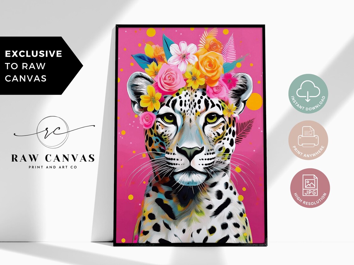Floral Leopard Wall Art Print, Bold Boho Decor