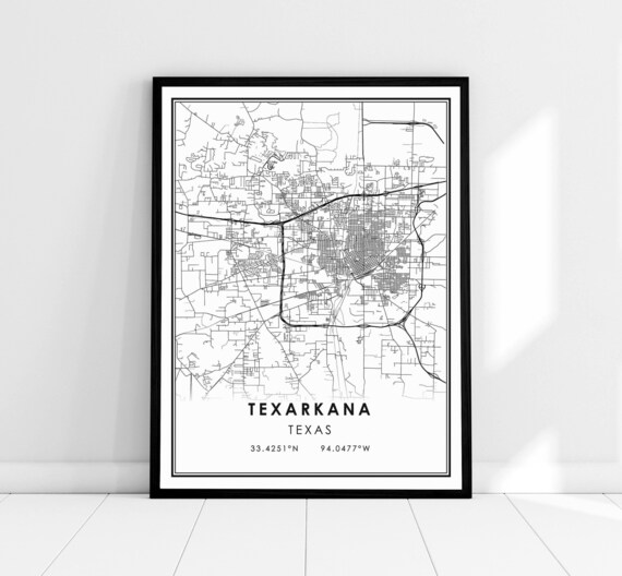 Texarkana Texas City Street Map Minimalist Black Line Art Poster