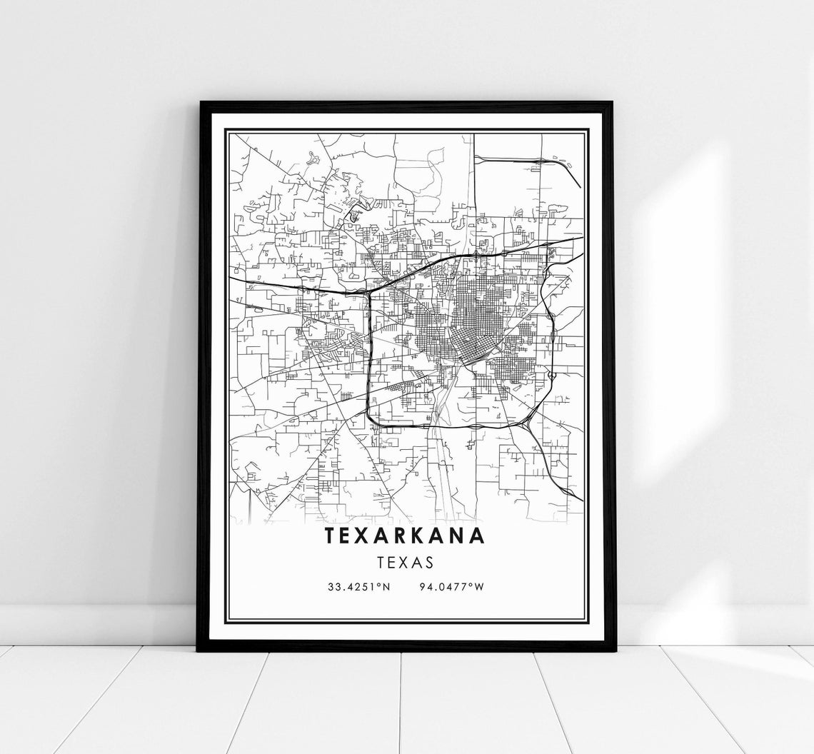 Texarkana Texas City Street Map Minimalist Black Line Art Poster
