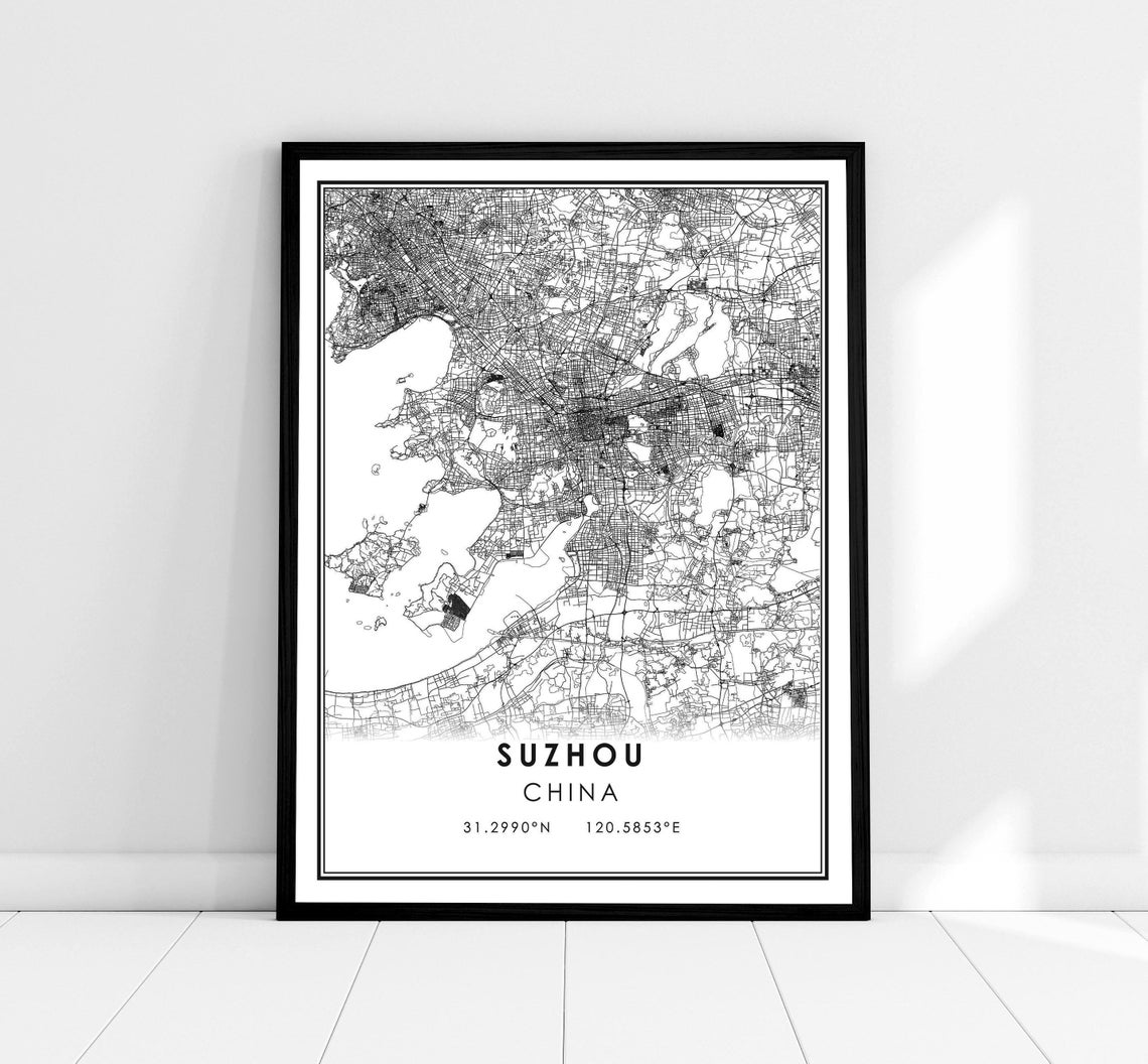 Suzhou China Minimalist Black and White Street Map Line Art Poster