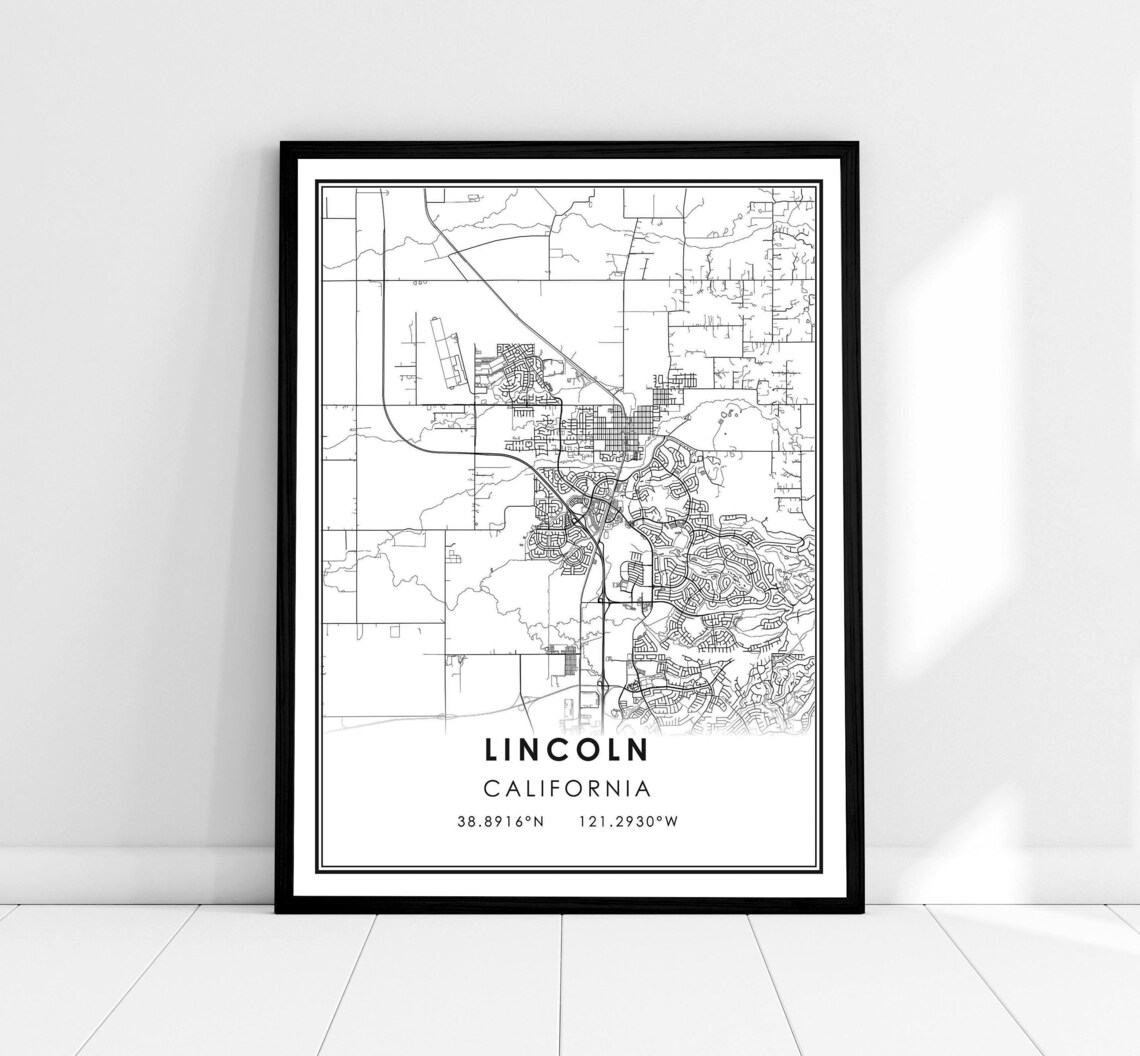 Lincoln California Minimal Street Map Black and White Wall Art