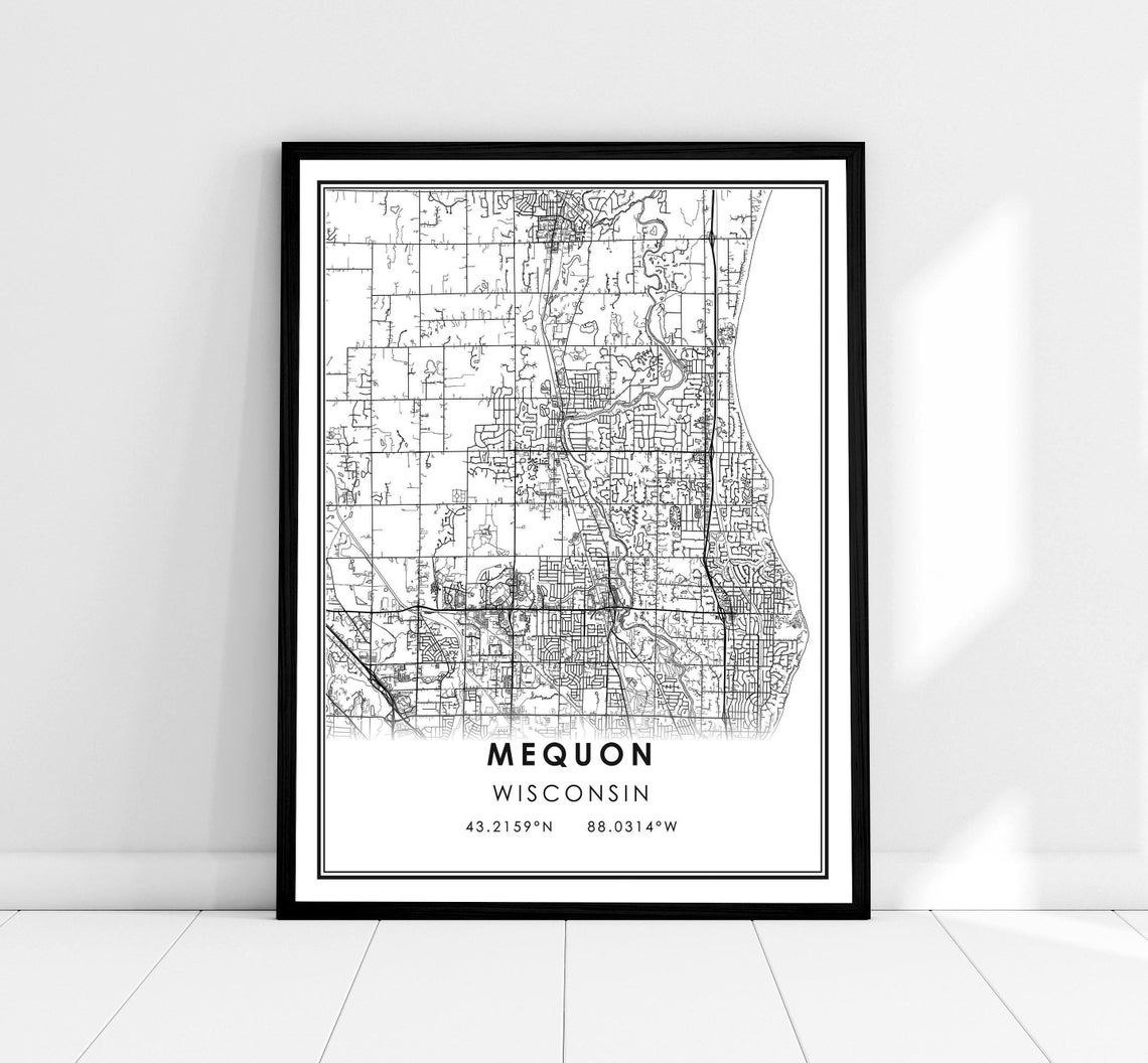 Mequon Wisconsin City Street Map Coordinates Black and White Poster