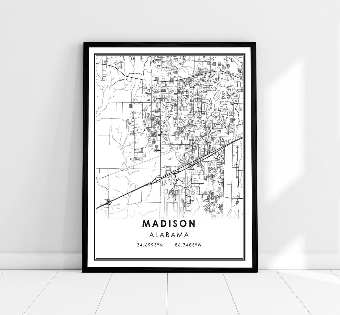 Madison Alabama City Street Map Minimalist Print With Coordinates